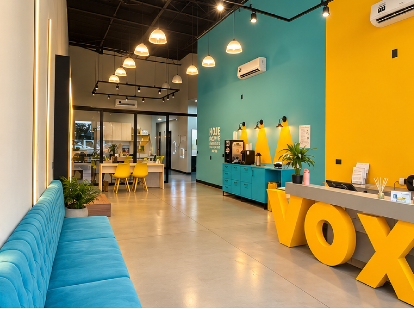 Recepção da unidade Vox Santana: balcão com as letras VOX, sofá azul e sala de reuniões ao fundo