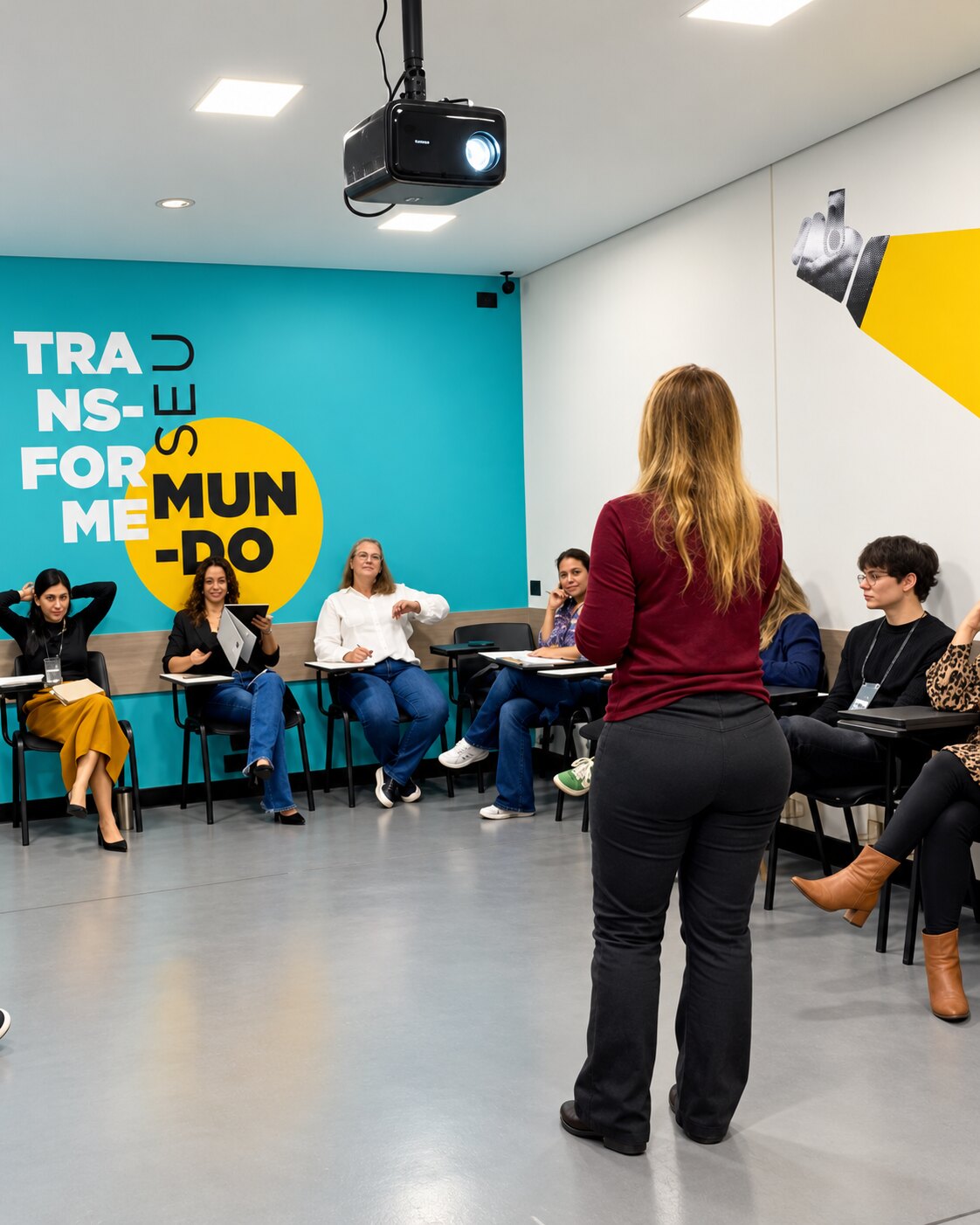 Aula prática presencial na Vox Santana: professora conduzindo exercício com a turma sentada em semicírculo