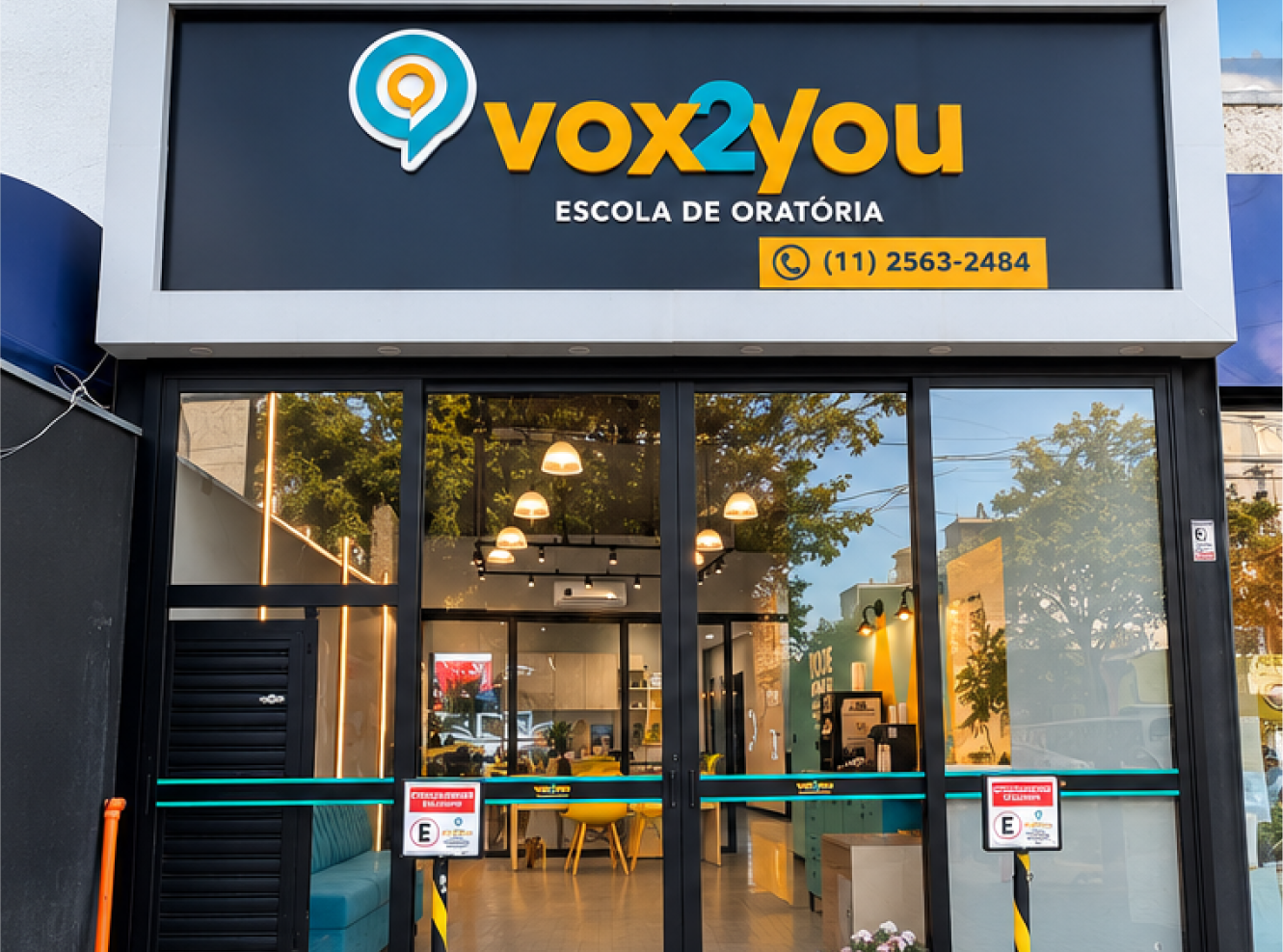 Fachada da unidade Vox Santana: porta de vidro com a marca da escola